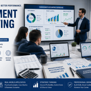 Management accounting principles showing students analyzing cost reports, budgeting charts and financial performance data