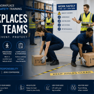 Manual handling safety training in NEBOSH workplace course showing safe lifting and ergonomic practices in office environment