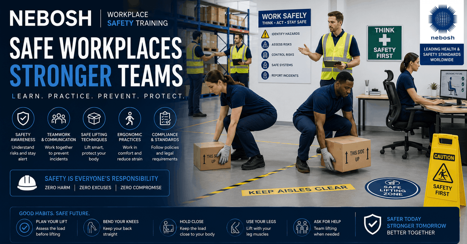 Manual handling safety training in NEBOSH workplace course showing safe lifting and ergonomic practices in office environment