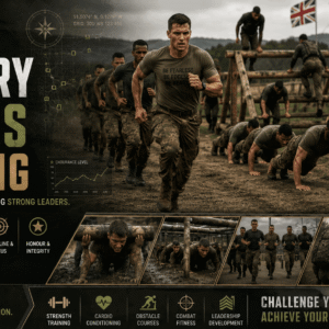 Military Fitness Training course showing soldiers training, fitness drills, endurance exercises, and field survival preparation