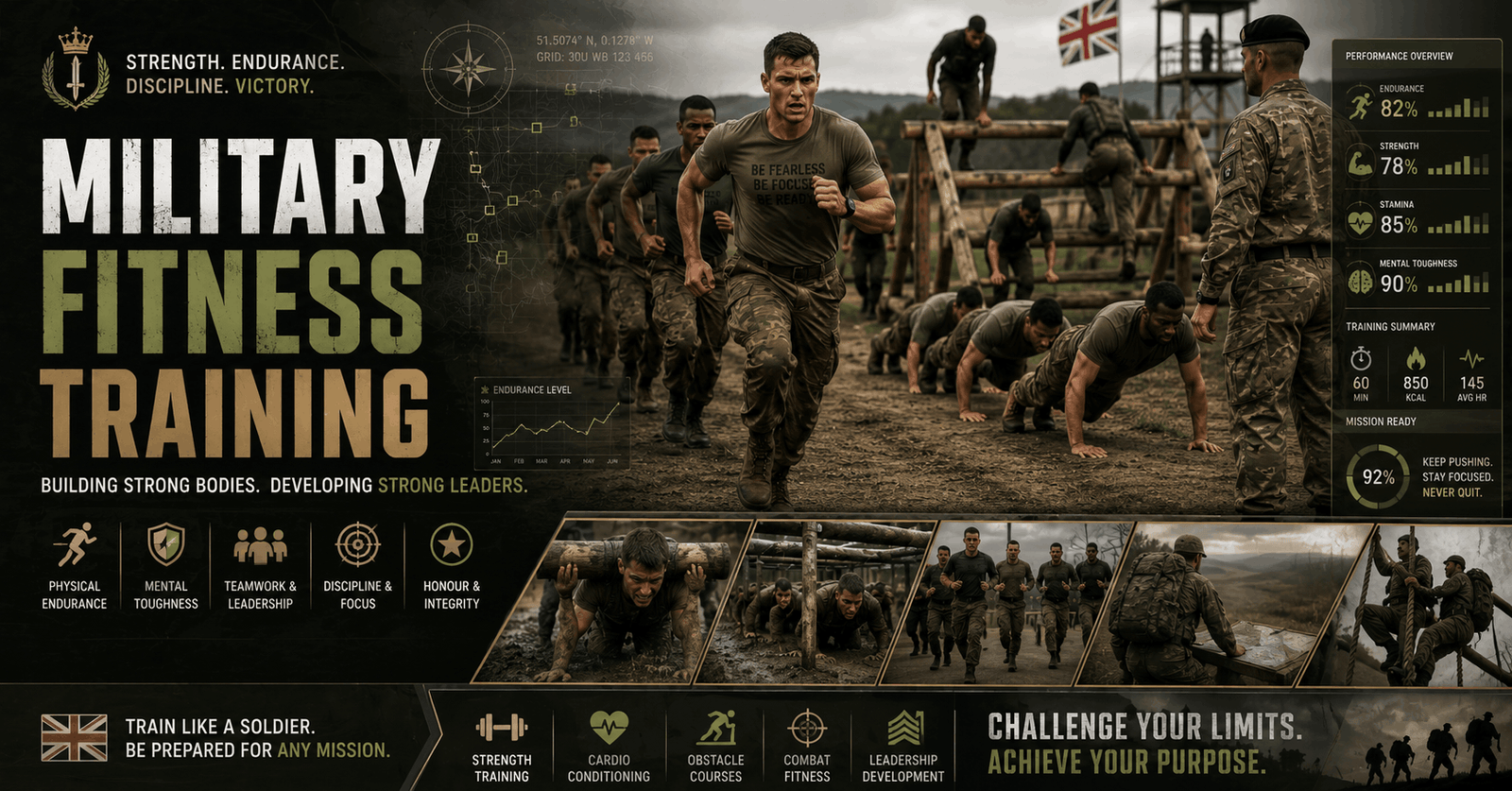 Military Fitness Training course showing soldiers training, fitness drills, endurance exercises, and field survival preparation