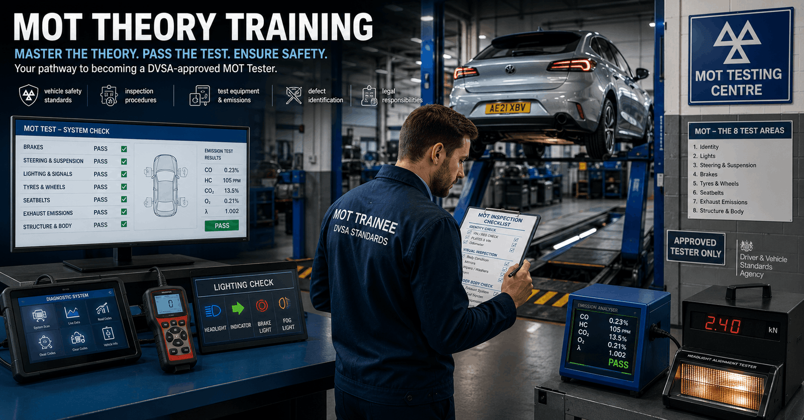 MOT theory training showing vehicle inspection, emissions testing, and MOT technician preparing for assessment