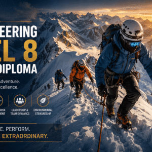Professional climbers ascending icy mountain terrain in a Mountaineering Course Level 8 training environment