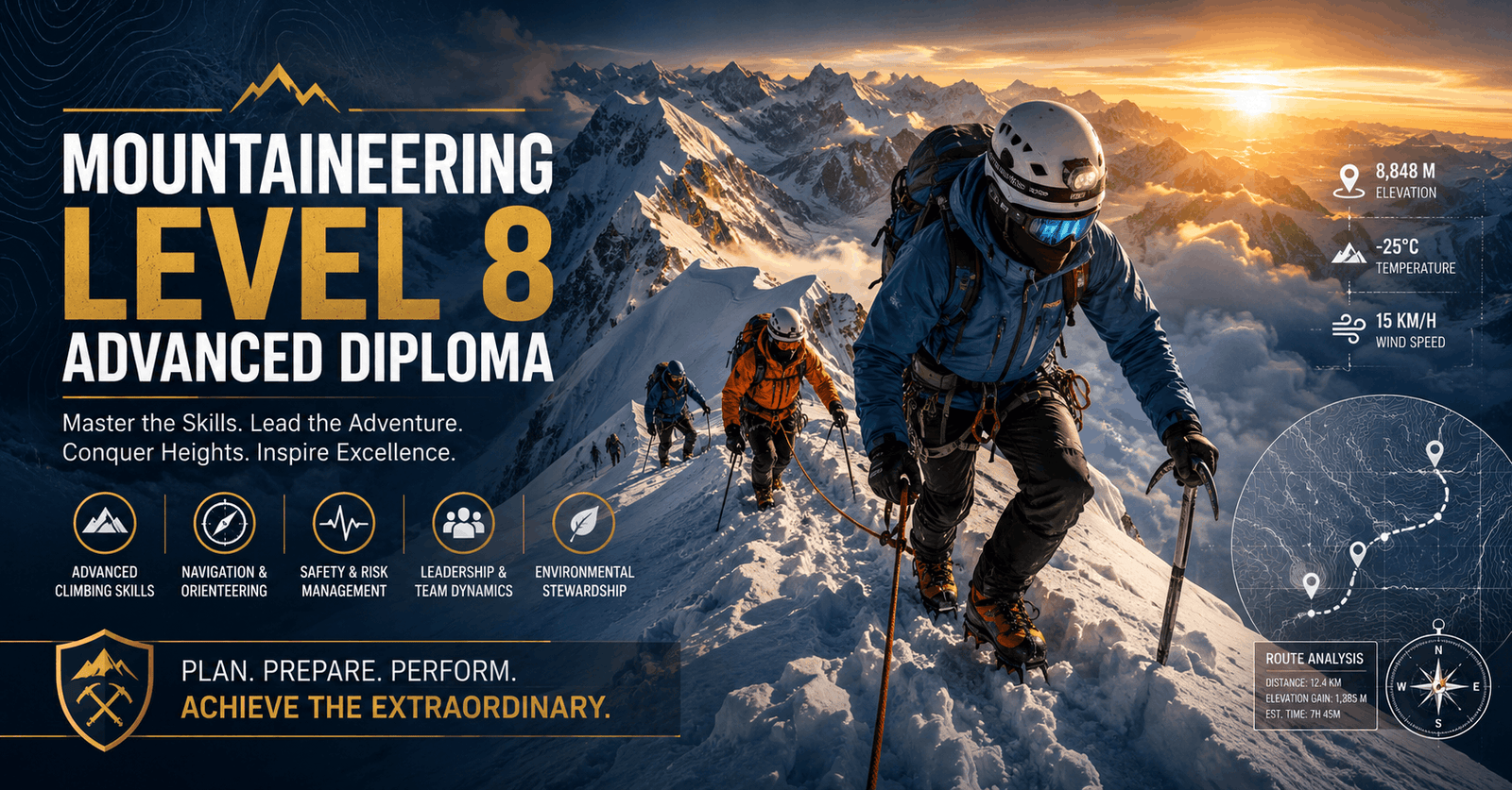 Professional climbers ascending icy mountain terrain in a Mountaineering Course Level 8 training environment