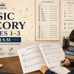 Music theory grades training showing sheet music, notation symbols, and student studying rhythm and key signatures for ABRSM exam