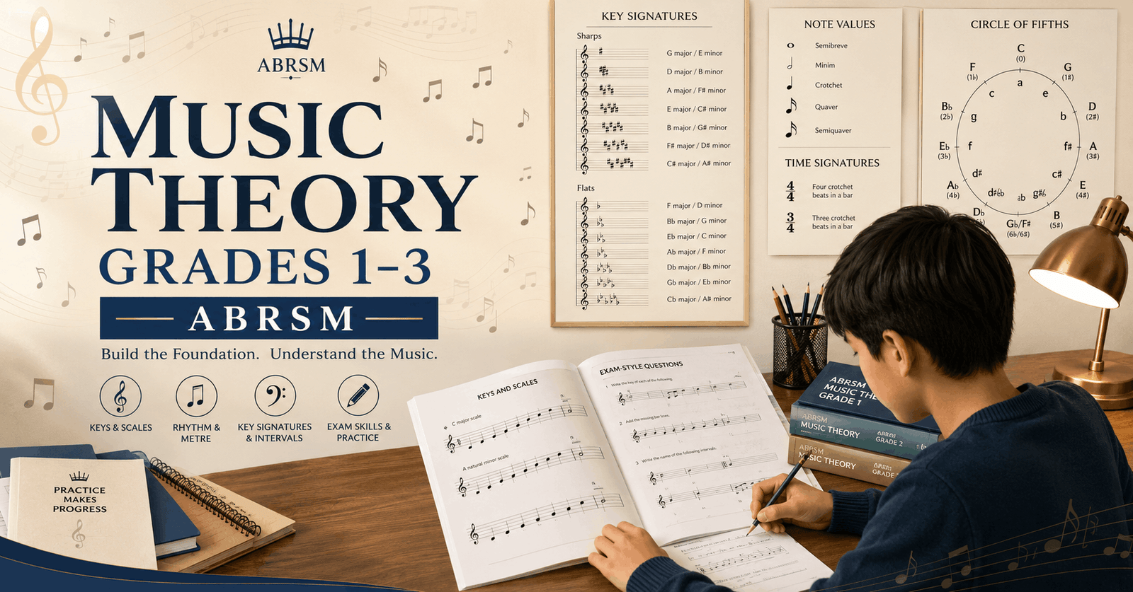 Music theory grades training showing sheet music, notation symbols, and student studying rhythm and key signatures for ABRSM exam