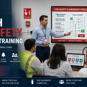 Workplace fire safety training showing nebosh fire safety awareness, evacuation planning, and emergency response procedures