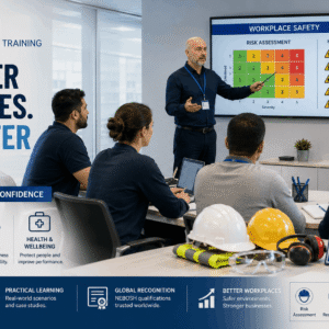 Workplace safety training session showing nebosh health safety principles, risk assessment, and protective workplace practices