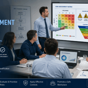 Safety professional conducting nebosh risk assessment with hazard charts, risk matrix, and workplace control measures discussion