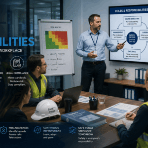 Workplace safety training session showing nebosh workplace safety roles, responsibilities, and team discussion on compliance