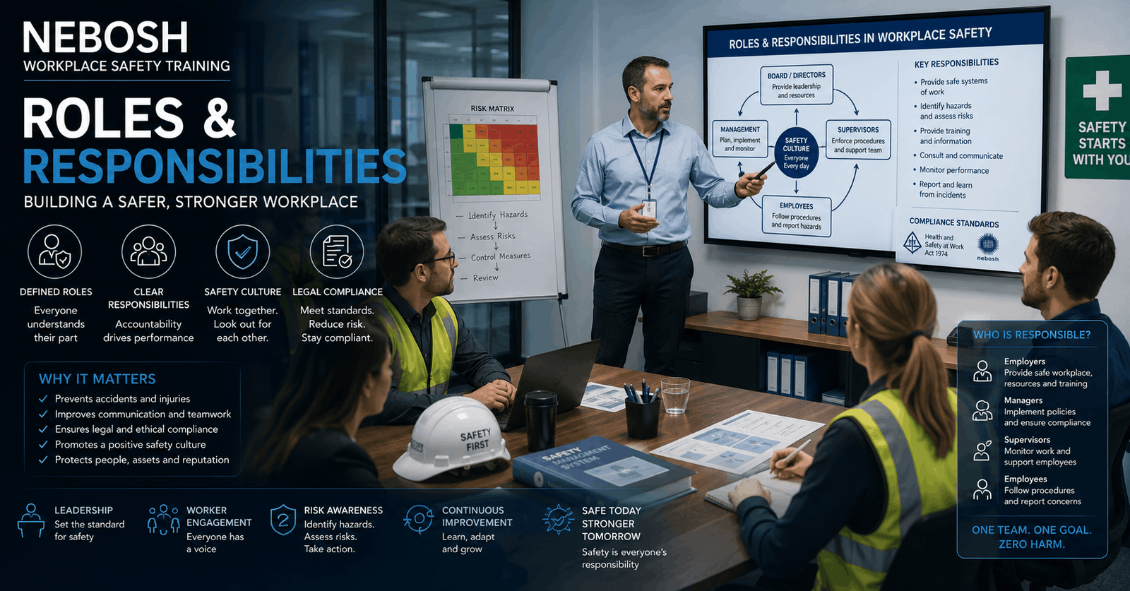 Workplace safety training session showing nebosh workplace safety roles, responsibilities, and team discussion on compliance