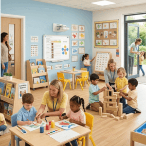 Nursery Teacher Diploma learners supporting children's development through play-based learning in a nursery classroom