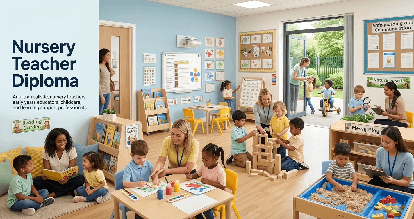 Nursery Teacher Diploma learners supporting children's development through play-based learning in a nursery classroom