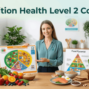 Nutrition Health Level 2 training showing healthy food choices, balanced diet planning, and nutritional education concepts