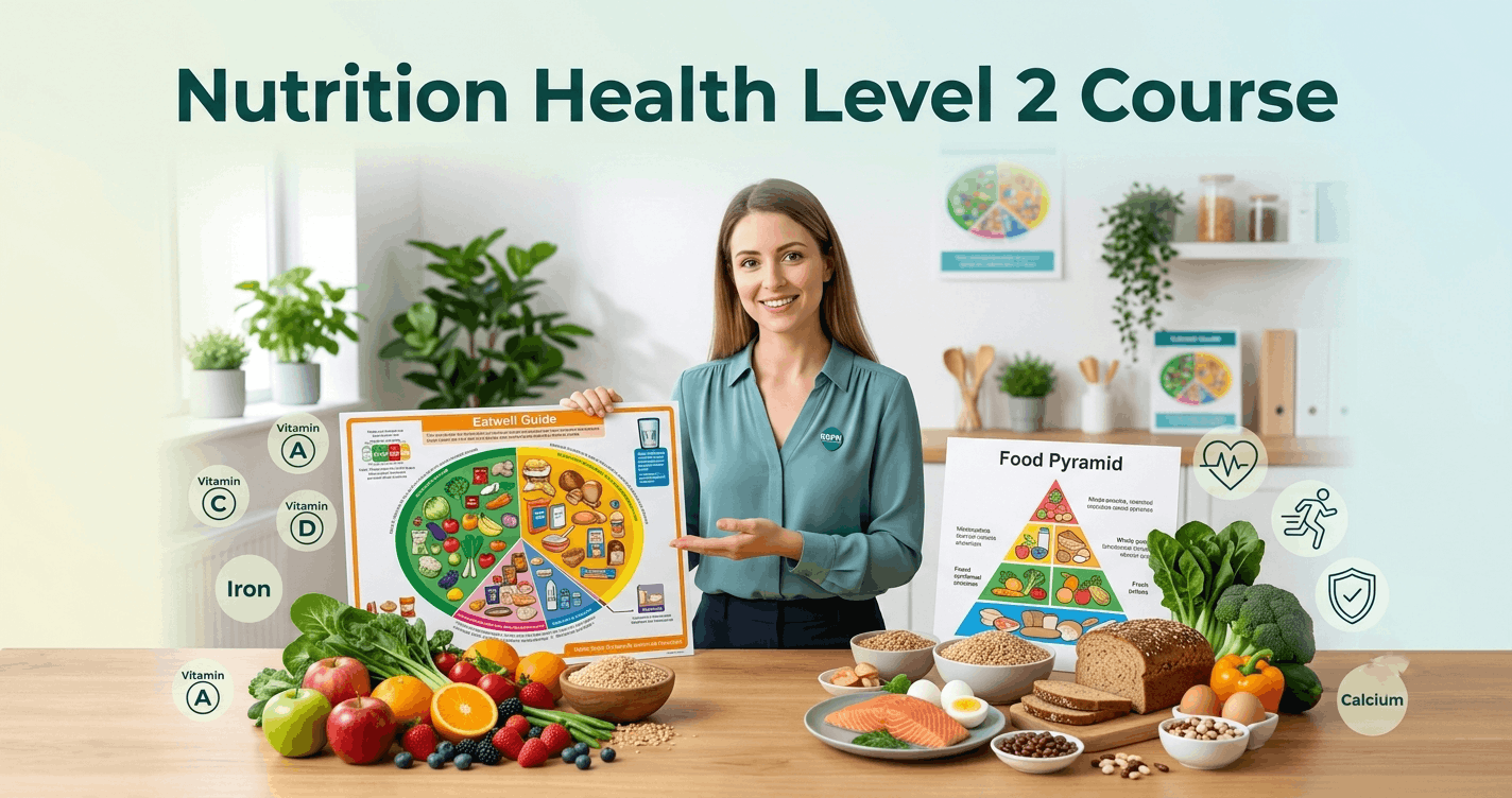 Nutrition Health Level 2 training showing healthy food choices, balanced diet planning, and nutritional education concepts