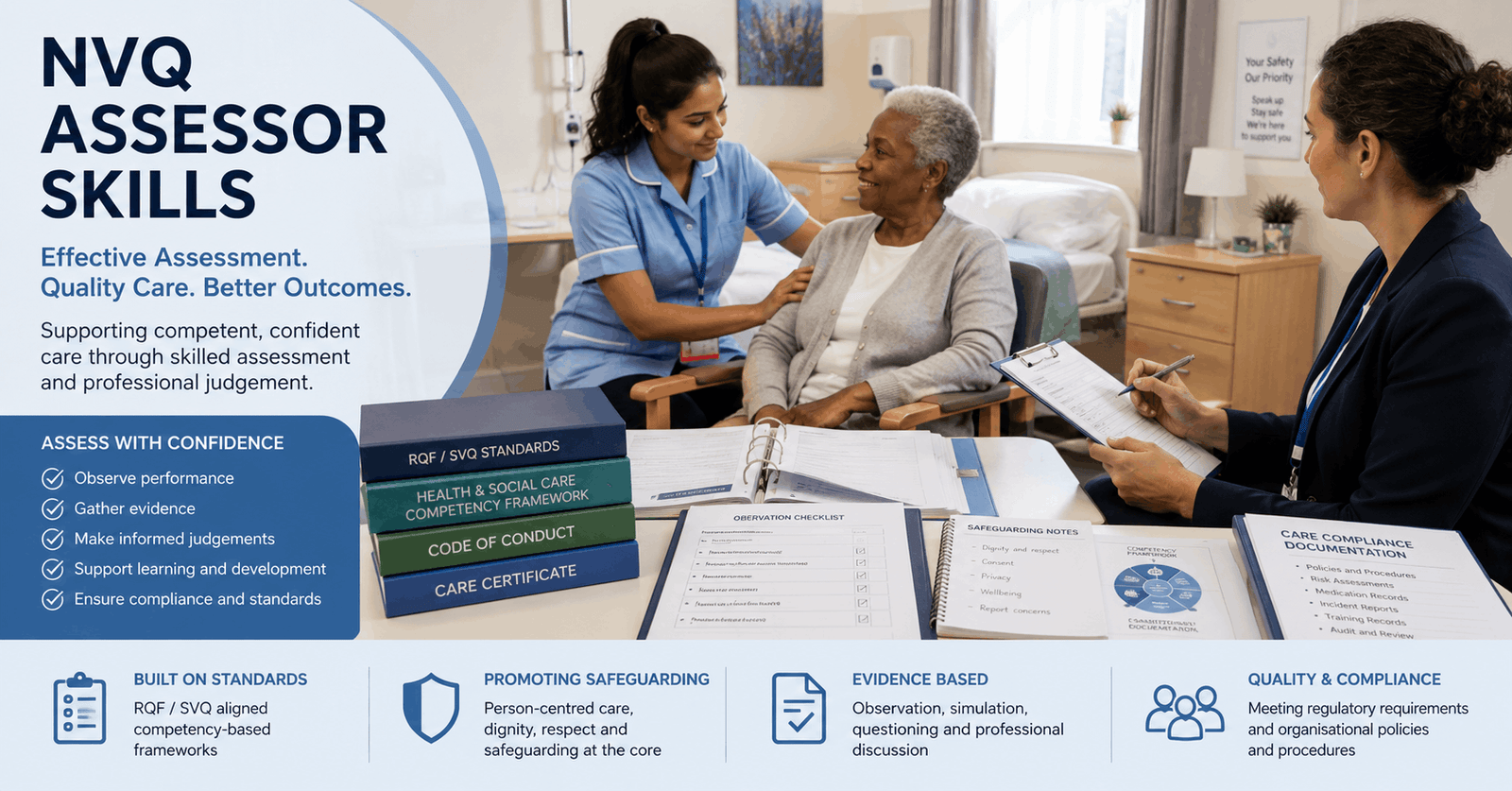 Assessor evaluating learner performance in care setting using NVQ Assessor Skills in health and social care environment