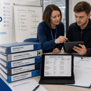 Trainer and learner reviewing NVQ Portfolio Building evidence, documents, and assessment portfolio structure