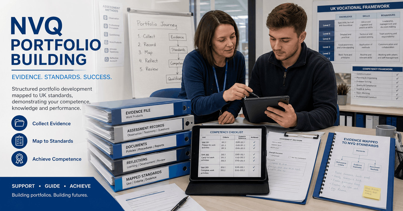Trainer and learner reviewing NVQ Portfolio Building evidence, documents, and assessment portfolio structure