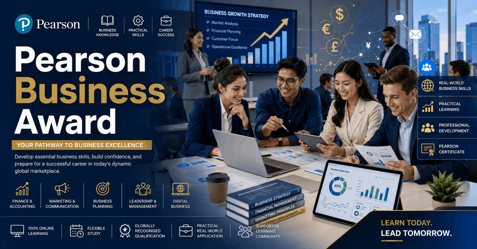 Students learning enterprise finance and communication in Pearson Business Award course with business charts and digital tools