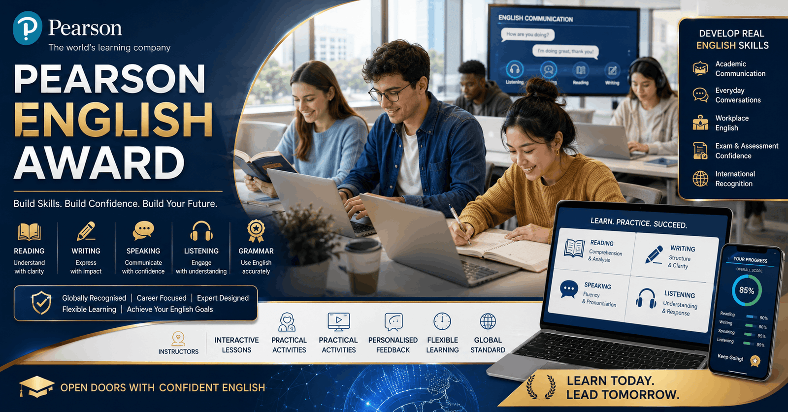 Students improving reading and writing skills in Pearson English Award online course with books and digital learning tools