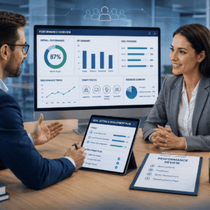 Performance management CIPD course showing appraisal meeting, KPI charts, feedback discussion and employee development planning