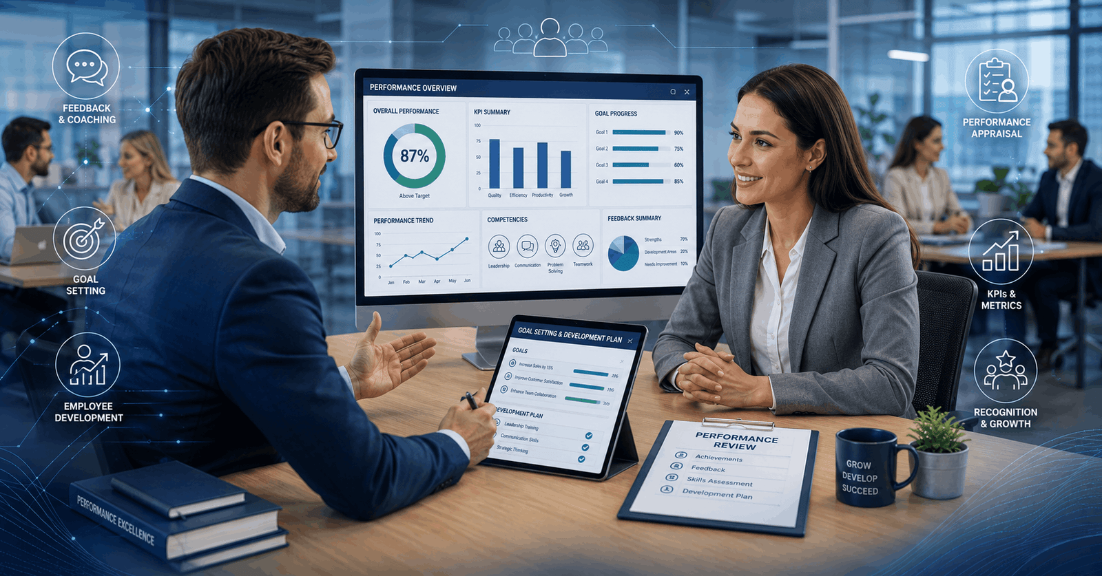 Performance management CIPD course showing appraisal meeting, KPI charts, feedback discussion and employee development planning