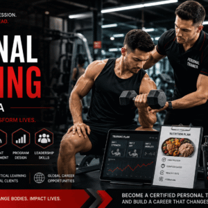 Personal Training Diploma showing gym coaching, fitness training, and nutrition planning in professional environment