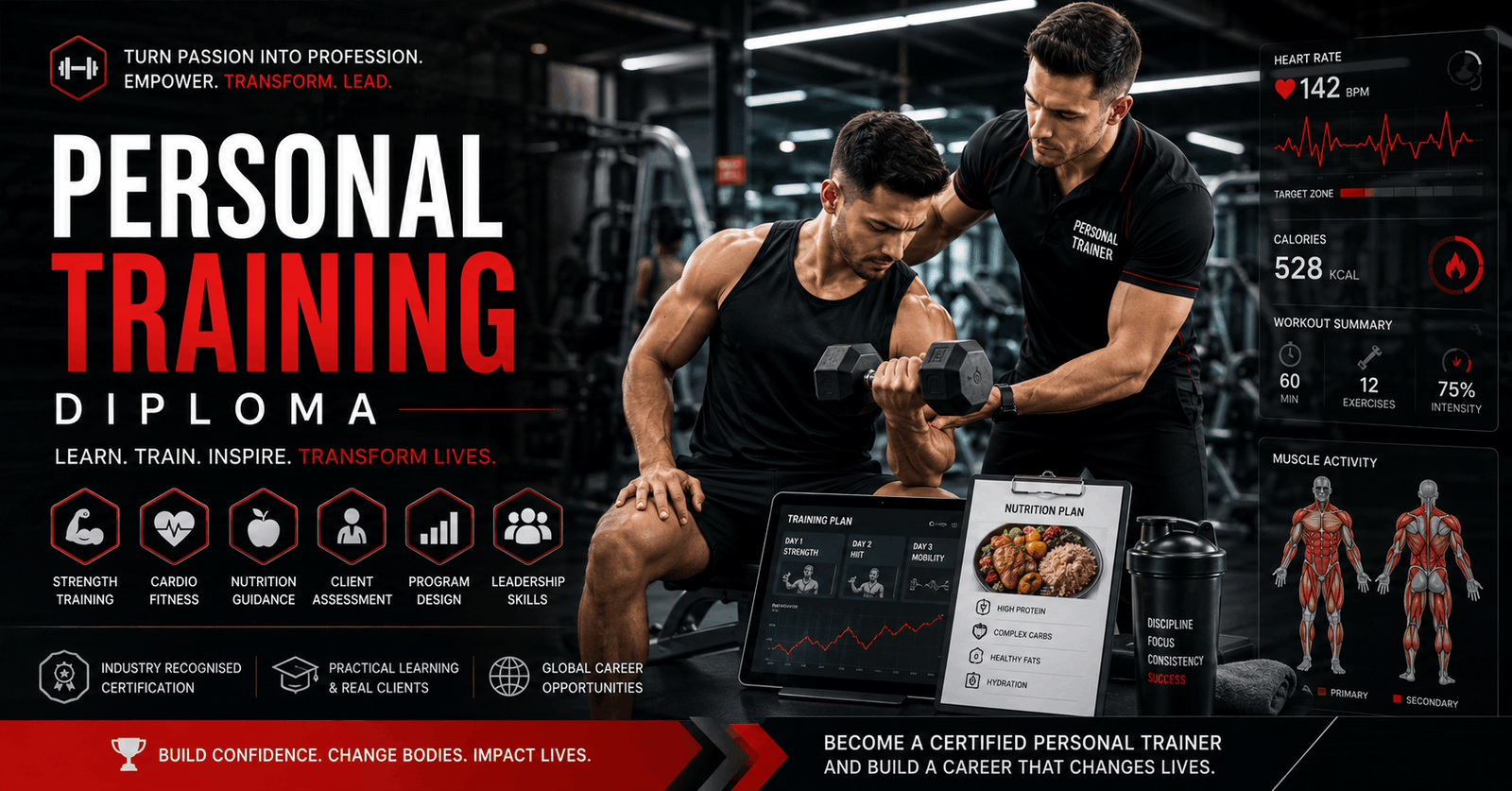 Personal Training Diploma showing gym coaching, fitness training, and nutrition planning in professional environment