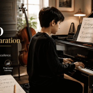 Piano grade preparation training showing student playing piano with sheet music, focused practice for ABRSM exam technique and performance