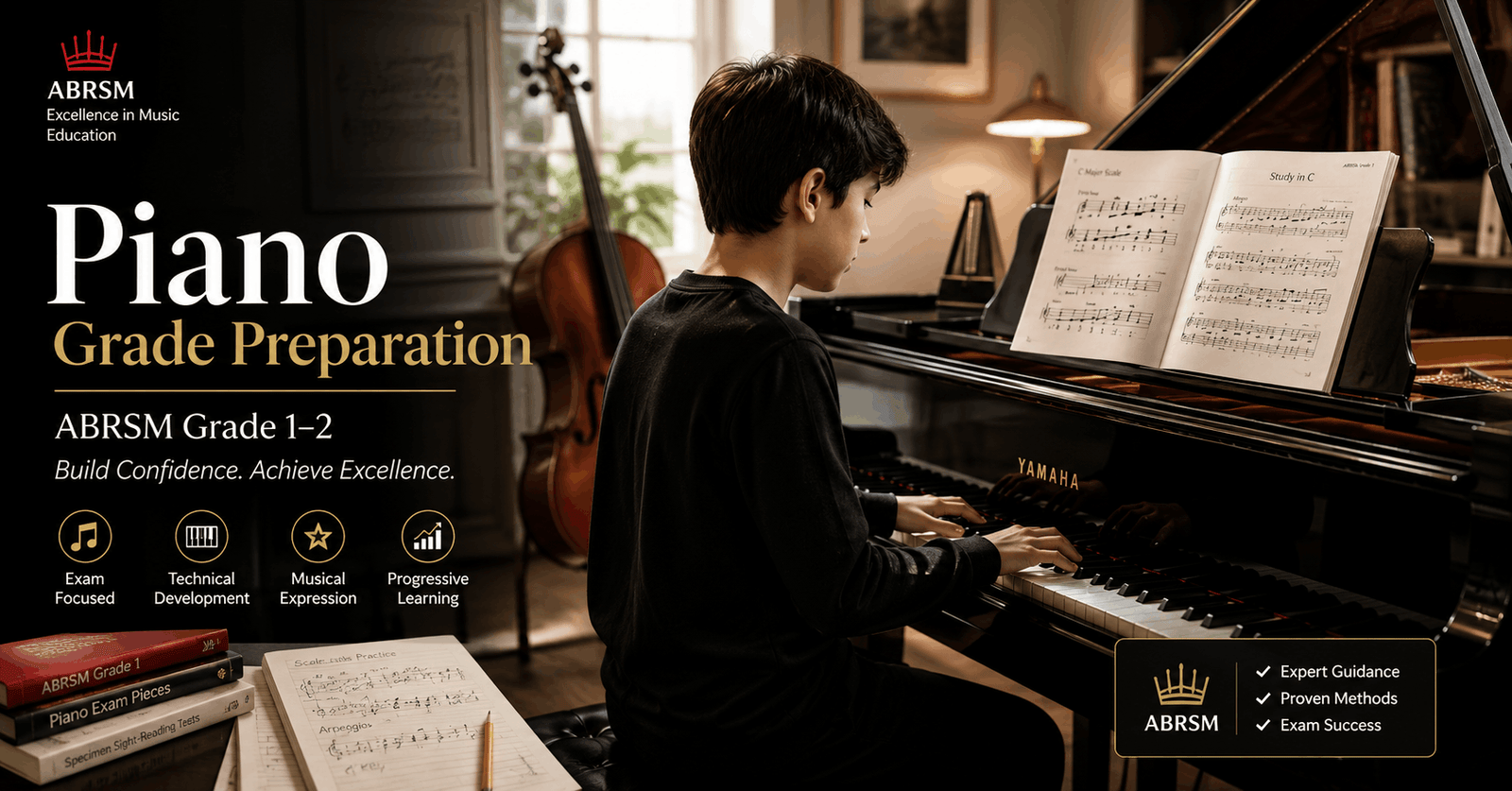 Piano grade preparation training showing student playing piano with sheet music, focused practice for ABRSM exam technique and performance