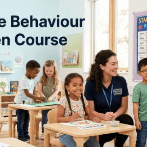 Teacher supporting Positive Behaviour Children in classroom using calm behaviour management and positive reinforcement strategies