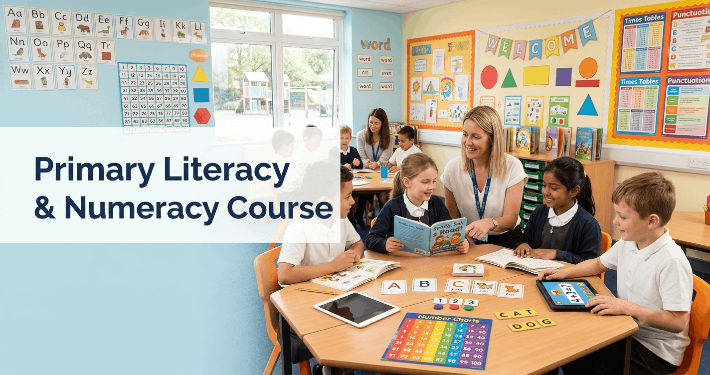 Primary classroom showing Primary Literacy Numeracy support with children learning reading, writing, and maths skills