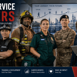 Public service careers training showing police, fire, military and civil service professionals in career development setting
