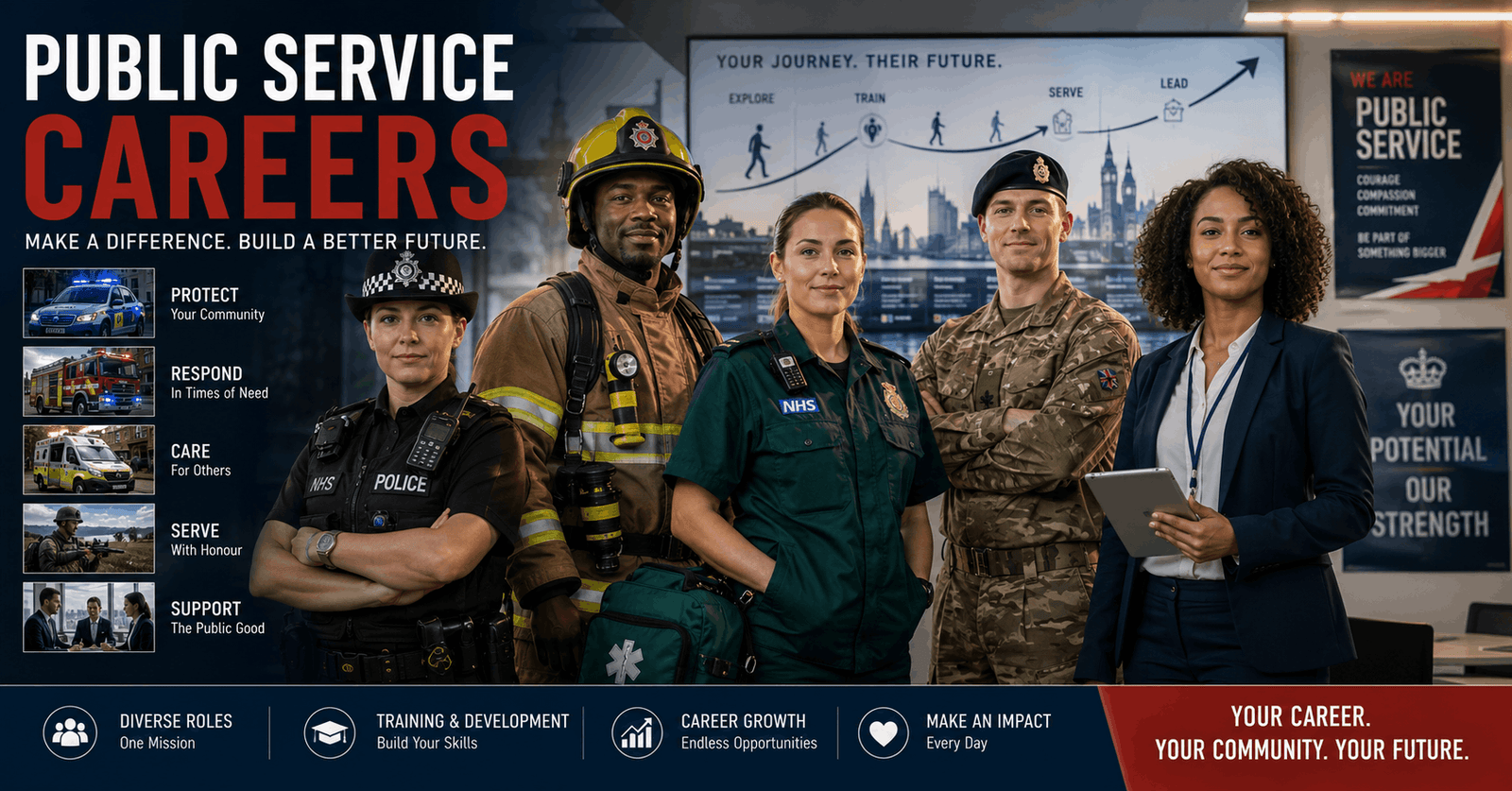 Public service careers training showing police, fire, military and civil service professionals in career development setting
