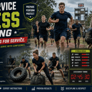 Public Service Fitness Training showing endurance drills, fitness testing, and team training for public service roles