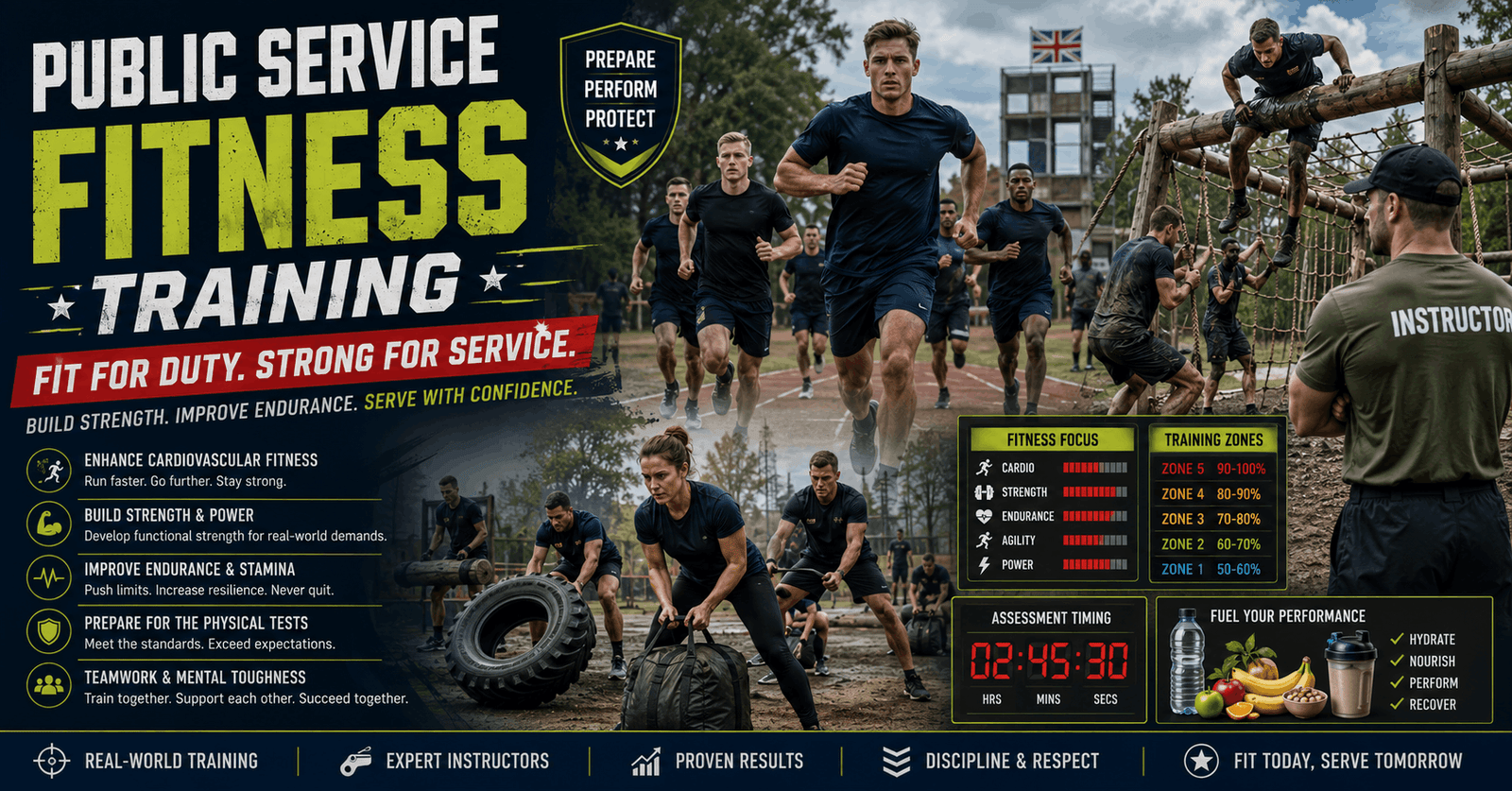 Public Service Fitness Training showing endurance drills, fitness testing, and team training for public service roles