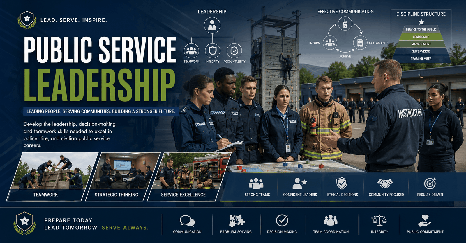 Public Service Leadership course showing teamwork, leadership training, discipline, and public service group activities