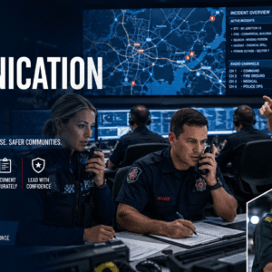Public services communication skills training with officer using radio, writing reports, and giving verbal commands