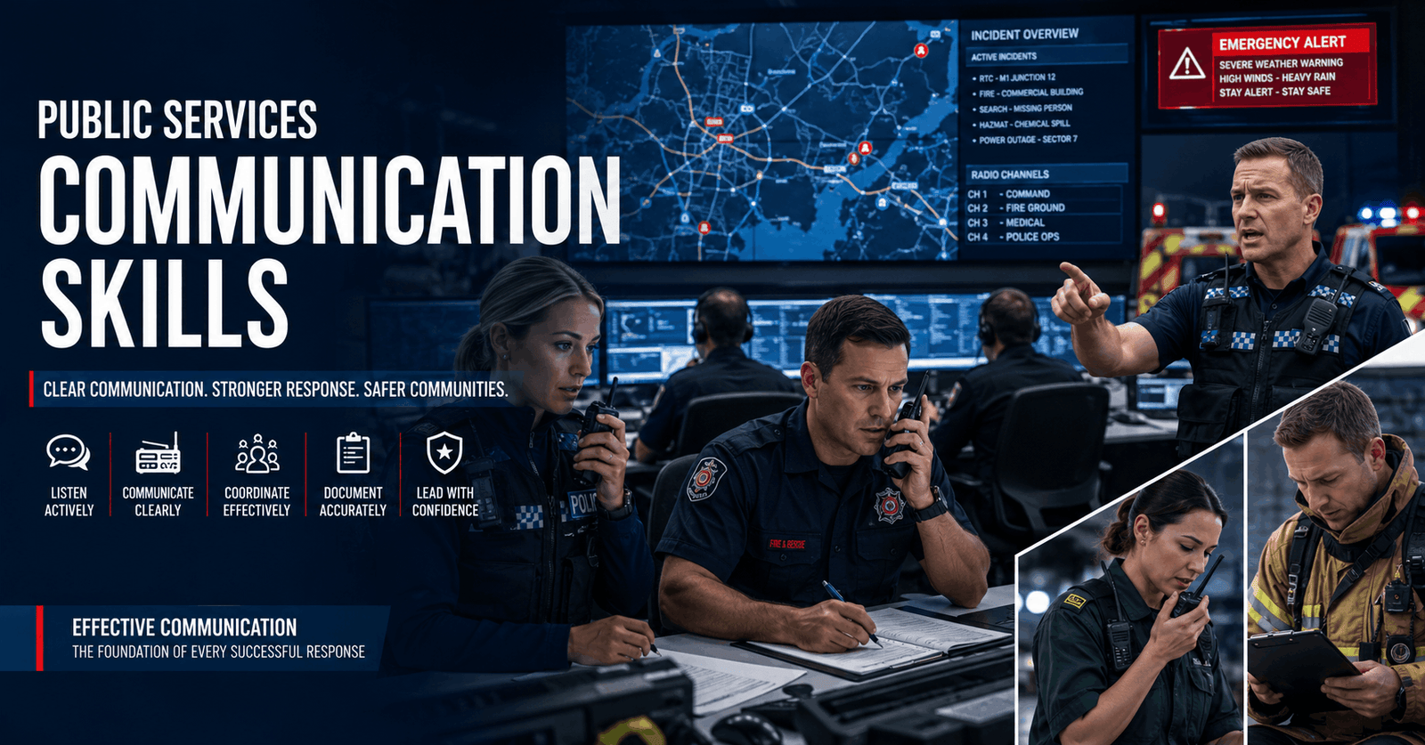 Public services communication skills training with officer using radio, writing reports, and giving verbal commands