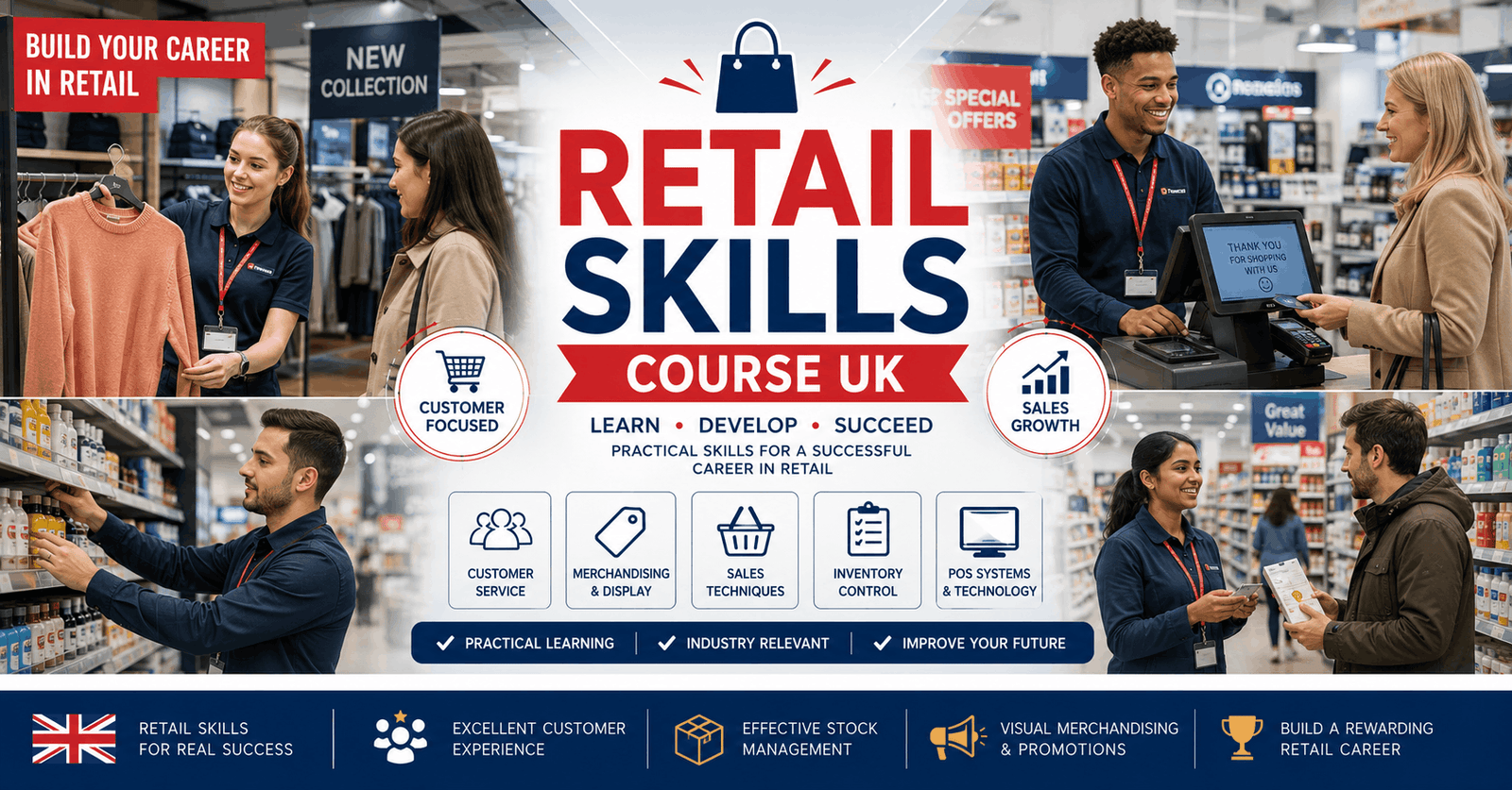 Retail Skills Course UK banner showing retail store, sales assistant, merchandising displays and customer service environment