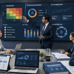 Risk management insurance CII course showing business planning charts, risk analysis dashboards and strategic insurance planning