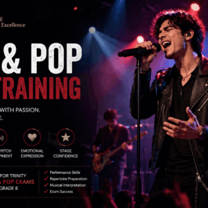Student practicing rock pop vocal training with microphone on stage, focusing on expressive singing and performance technique