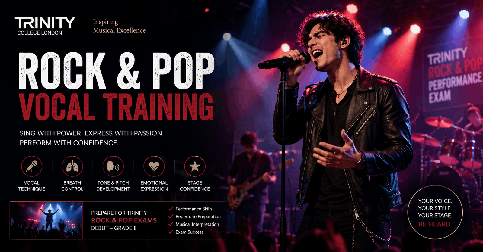Student practicing rock pop vocal training with microphone on stage, focusing on expressive singing and performance technique
