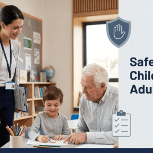 Professional safeguarding training showing Safeguarding Children Adults awareness in a safe care environment with support staff