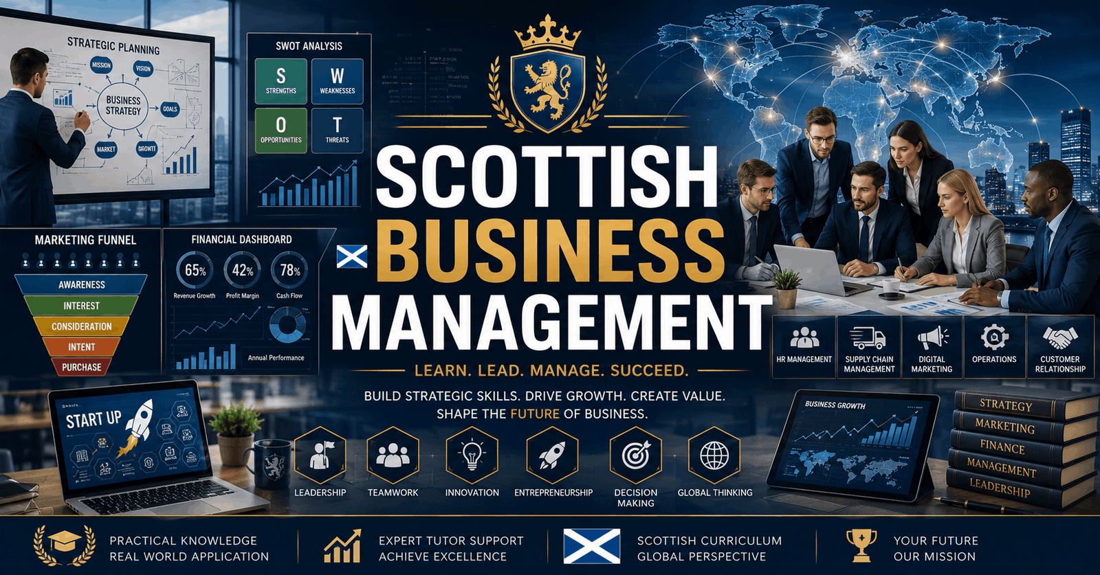 Scottish Business Management course banner showing enterprise, marketing, finance and strategy in a modern business learning design