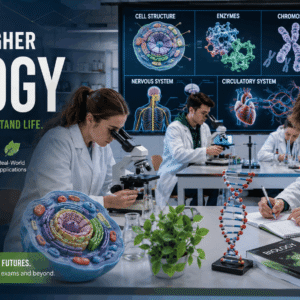 Students studying Scottish Higher Biology cells, evolution and physiology with diagrams of DNA, organs and biological systems
