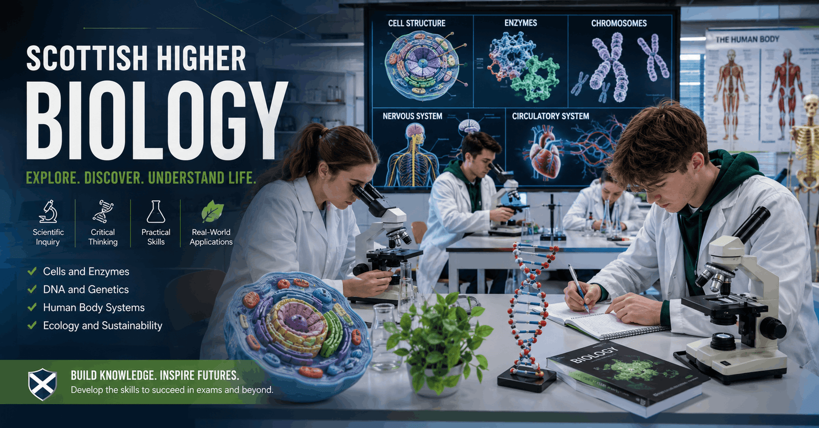 Students studying Scottish Higher Biology cells, evolution and physiology with diagrams of DNA, organs and biological systems
