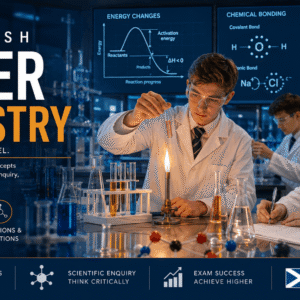 Students studying Scottish Higher Chemistry reactions, bonding and energy changes with lab experiments and chemical diagrams