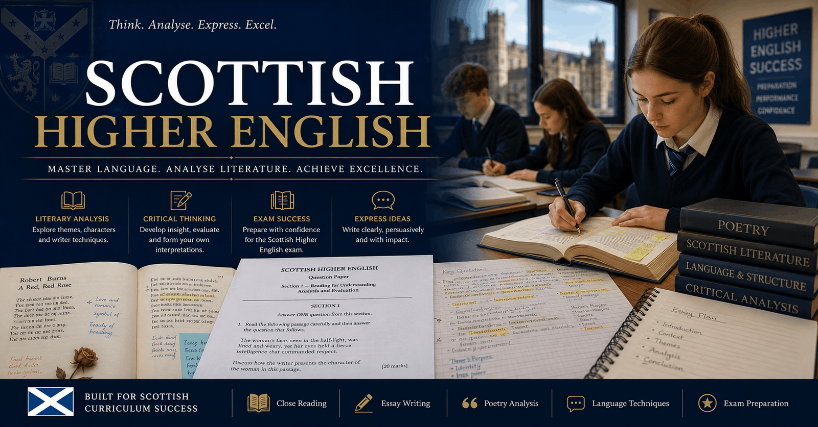 Students studying Scottish Higher English with literature books, essay writing and critical reading analysis in classroom setting