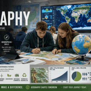 Students studying Scottish Higher Geography landscapes sustainability and global issues with maps, rivers and urban development